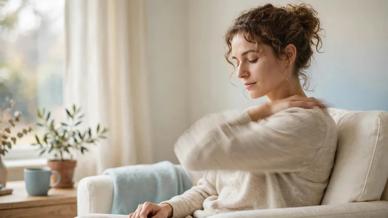 A person seated in a bright armchair gently rolling one shoulder before starting the day.