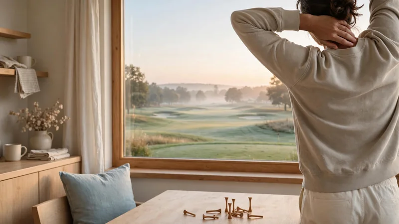 A person stretches overhead facing a window that overlooks a golf fairway at sunrise, with wooden tees scattered on the table nearby.