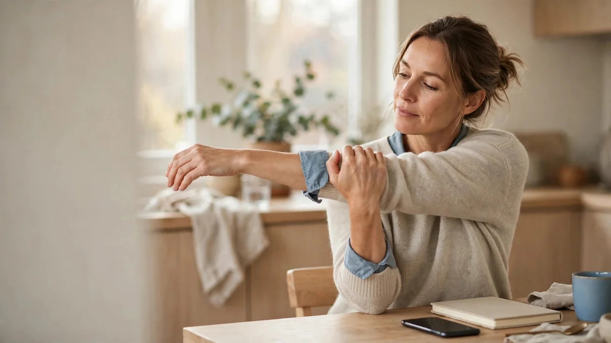 A seated adult in their forties stretching one arm across the body at a kitchen table in morning light.