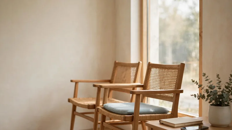 Two empty wooden chairs beside a tall window in soft daylight, with a notebook and phone on the side table
