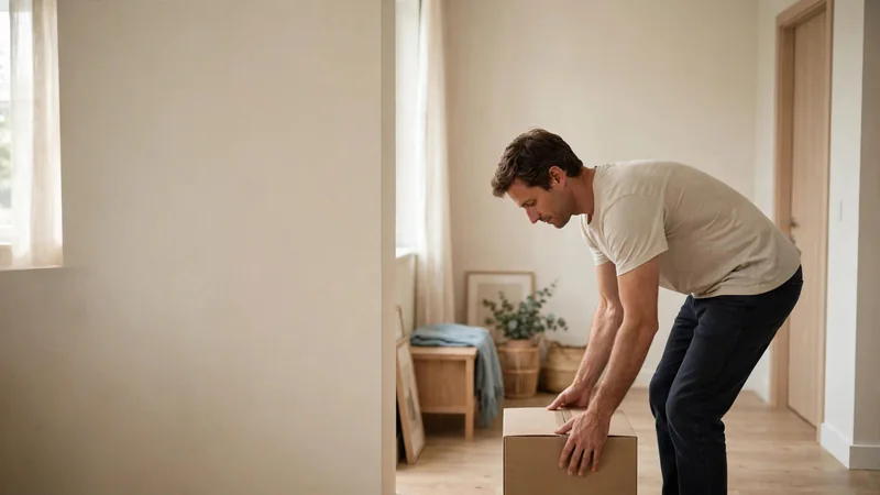 A person in a t-shirt bending to lift a cardboard box in a bright, uncluttered apartment hallway.