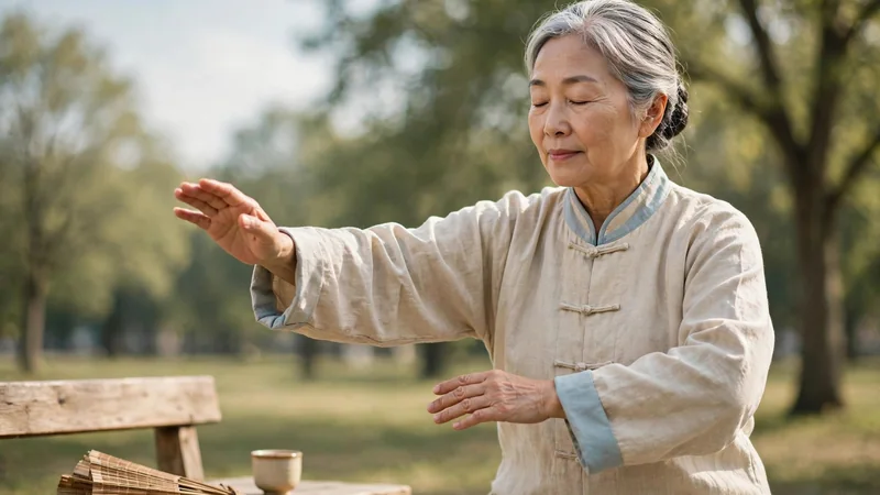 An older adult doing slow tai chi-style arm movements in a sunlit park, with trees in the background